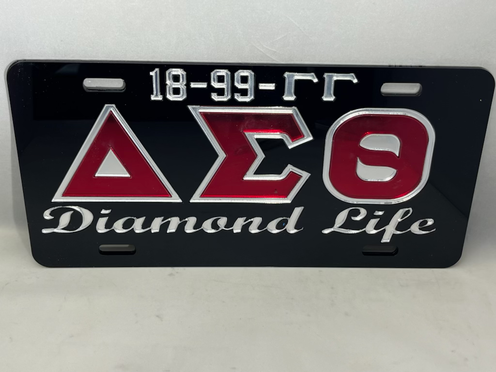 18-99-GG DST Diamond Life License Plate- Black Background Mirror & Red Letters image 0