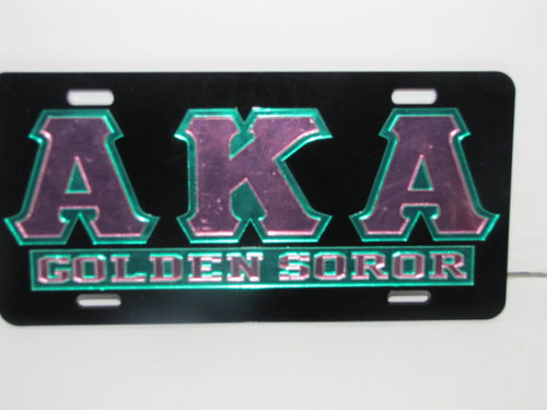AKA Golden Soror License Plate- Black Background Pink Letters Green Outline image 0